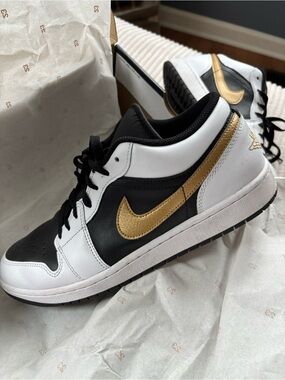 Nike Air Jordan 1 Low — White, Black & Gold Swoosh with Box